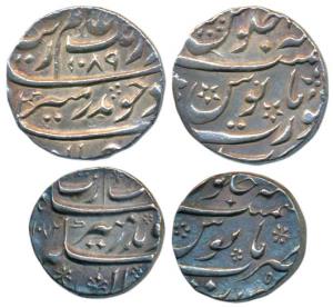 Aurangzeb, Silver ½ Rupee (2), Surat Mint, AH 1089 and 1072, (KM 294.6). The first Broad f