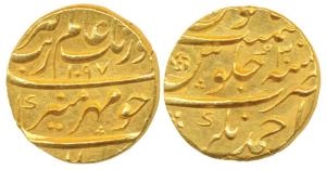 Aurangzeb, Gold Mohur, 10.92g, Ahmednagar Mint, AH 1097/30, complete mint name at bottom o