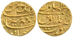 Aurangzeb, Gold Mohur, 11.06g, Surat Mint, AH (11)78/11, complete mint name at bottom (KM 
