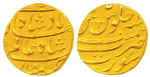 Shah Alam Bahadur, Gold Mohur, 11.03g, Surat Mint, complete mint name at bottom (KM 356.14