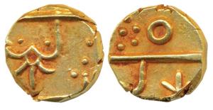 Gold 2/3 Mohur, 7.8g, New Chandori Series, Udaipur Mint, 1842-1830 AD (KM 6). Extremely Fi