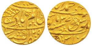 Muhammadabad Banaras Mint, Gold Mohur, 10.8g, in the name of Shah Alam II, fish, sun-burst