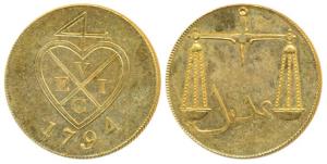Gold Gilt Copper Proof 2 Pice / 8 Reas, 1791, bale mark with date below on obv., Scales on