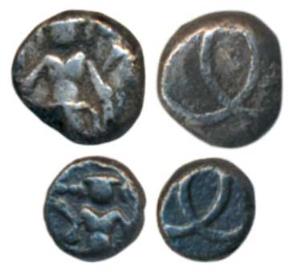 Silver Fanam and Double Fanam, reduced weight, crude, Vishnu standing on obv., interlocked