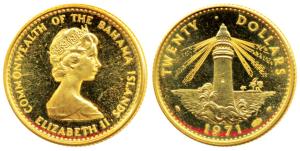 Bahamas, Queen Elizabeth II, Gold 20 Dollars, 8.15g, 1971, rev. Light House (KM 28). Proof