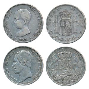 Belgium, Silver 5 Francs, Leopold I, 1865; Spain, Alphonso XIII, Silver 5 Pesetas, 1892 (K