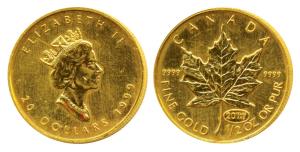 Canada, Elizabeth II, Gold 20 Dollars, 15.55g ,½ ounce, 1990, Maple leaf on rev., an oval 