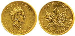 Canada, Elizabeth II, Gold 20 Dollars, 15.55g (½ ounce), 1992, Maple leaf on rev. (KM 190)
