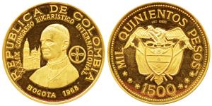 Republica De Colombia, Proof Gold 1500 Pesos, 64.5gm, .900 fine, on the occasion of the 39
