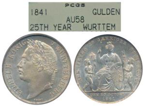Germany, Wurttemberg, Wilhelm I, Silver Gulden, 1841, 25th Anniversary of Reign (KM 588). 