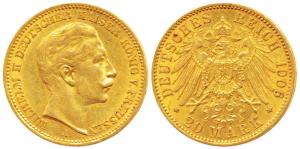 Germany, Prussia, Wihelm II, Gold 20 Mark, 8g, Berlin Mint, 1906 A (KM 521). Very Fine+, S