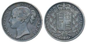 Great Britain, Victoria, Silver Crown, 1845, rev. crowned shield of arms within wreath (KM