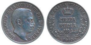 Italian Somaliland, Silver Mezza Rupia ( ½ Rupee), 1910 (KM 5). Very Fine+, Rare.