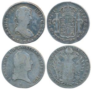 Mexico, Silver 8 Real Ferdinand VII, 1821, rev. crowned shield flanked by two pillars (KM 