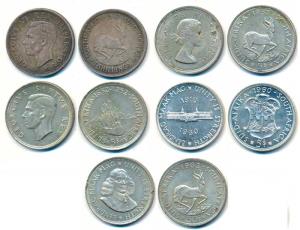 South Africa, 5 Shillings (5), George VI 1947 (KM 31); 1952, 300th Anniversary Founding of