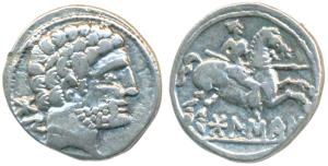 Spain, Iberia, Bolskan (c. 150-100 BC), Silver Denarius, 4g, obv. bearded head to right, I