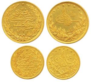Turkey, Abdul Mejid, Gold 50 Kurush, 3.6g, AH 1255 Year 13; Muhammad V, Gold 100 Kurush, 7