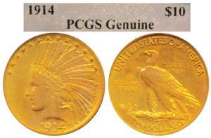 United States of America, Gold $10, 16.64g, Indian Head on obv., 1914 (KM 130). Graded by 