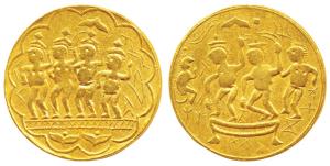 Ram Tanka, Gold Temple Token, 10.8g, obv. Ram Durbar - Ram and Sita standing on a pedestal