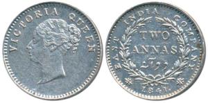 Victoria Queen, Silver 2 Annas, 1841, Continuous legend, crescent not visible probably Bom