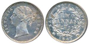 Victoria Queen, Silver 2 Annas, 1841, Divided legend, Calcutta Mint, W.W. raised, 9 Berrie