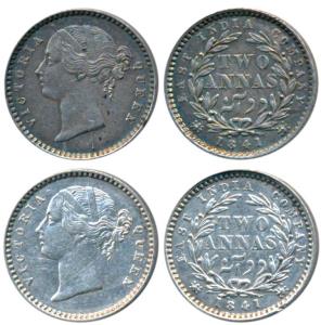 Victoria Queen, Silver 2 Annas (2), 1841, Divided legend, Calcutta Mint, W.W. raised, 9 Be
