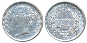 Victoria Queen, Silver ¼ Rupee, 1840, Divided legend, Calcutta / Bombay Mint, WW. raised, 