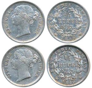 Victoria Queen, Silver ¼ Rupee (2), 1840, Divided legend, Madras Mint, W.W.S raised, 10 Be