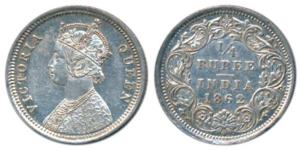 Victoria Queen, Silver ¼ Rupee, 1862, Madras Mint, A / I / No mint mark, (Prid 378). Extre