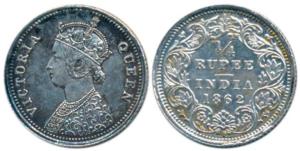 Victoria Queen, Silver ¼ Rupee, 1862, Bombay Mint, A / I / No mint mark, (Prid 377). About