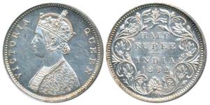 Victoria Queen, Silver ½ Rupee, 1862, Bombay Mint, B1 / II, Round pearls in the crown, (Pr