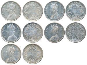 Victoria Queen, Silver Rupee, 1862 (5), an assorted lot of all different dot varieties, B 