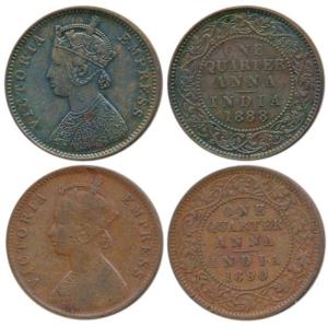 Victoria Empress, Copper ¼ Anna (2), 1888 Bombay Mint; & 1890, Calcutta Mint, (Prid 643 & 
