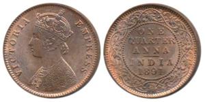 Victoria Empress, Copper ¼ Anna, 1891, Calcutta Mint, (Prid 624). Uncirculated.