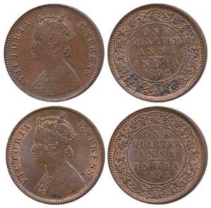 Victoria Empress, Copper ¼ Anna (2), 1892 and 1893, Calcutta Mint, (Prid 625 & 626). Very 