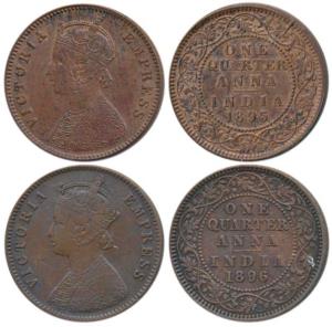Victoria Empress, Copper ¼ Anna (2), 1894 and 1895, Calcutta Mint, (Prid 627 & 628). Very 