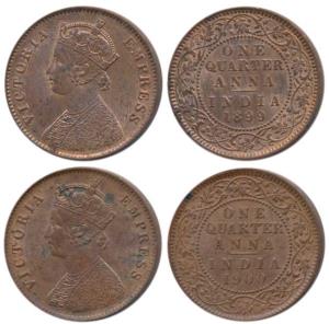Victoria Empress, Copper ¼ Anna (2), 1899 & 1900, both, Calcutta Mint, (Prid 632 & 633). E