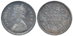 Victoria Queen, Silver 2 Annas, 1874, Bombay Mint, A / I / No mint mark, (Prid 516). About