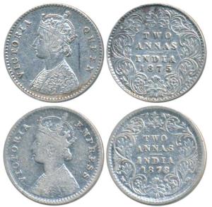 Victoria Queen & Empress, Silver 2 Annas (2), 1875 and 1878 both, Calcutta Mint, A / I / N