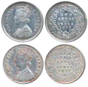 Victoria Empress, Silver 2 Annas (2), 1877, Calcutta Mint, A / I / No mint mark; Bombay Mi