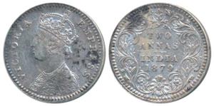 Victoria Empress, Silver 2 Annas, 1879, Calcutta Mint, B / II / C incuse, (Prid 494). Very