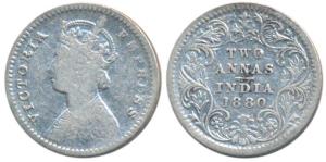 Victoria Empress, Silver 2 Annas, 1880, Calcutta Mint, B / II / C incuse, (Prid 495). Fine