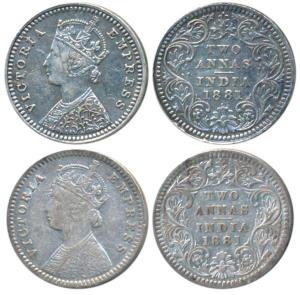 Victoria Empress, Silver 2 Annas (2), 1881, Calcutta Mint, B / II / C incuse, (Prid 496); 