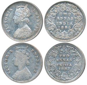 Victoria Empress, Silver 2 Annas (2), 1883, Calcutta Mint, B / II / C incuse; Bombay Mint,