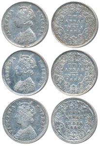 Victoria Empress, Silver 2 Annas (3), 1884, Calcutta Mint, B / II / C incuse; Bombay Mint,