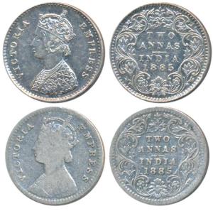 Victoria Empress, Silver 2 Annas (2), 1885, Calcutta Mint, B / II / C incuse; Bombay Mint,