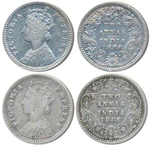 Victoria Empress, Silver 2 Annas (2), 1886, Calcutta Mint, B / II / C incuse; Bombay Mint,