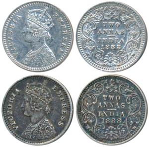 Victoria Empress, Silver 2 Annas (2), 1888, Calcutta Mint, B / II / No mint mark; Bombay M