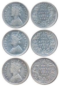 Victoria Empress, Silver 2 Annas, 1889, Calcutta Mint, B / II / C incuse, 1890 (2), Calcut
