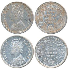 Victoria Empress, Silver 2 Annas (2), 1891, Calcutta Mint, B / II / C incuse; Bombay Mint,